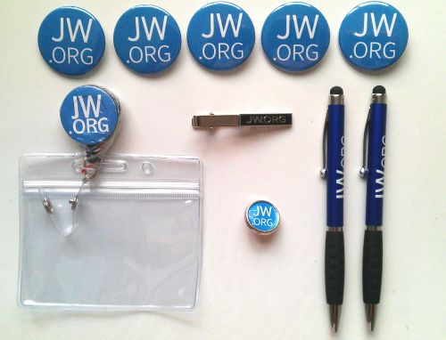 JW.ORG Stylus Pens (2), ID Badge Holders (1). Tie Clip (1), Metal Lapel Pin (1)