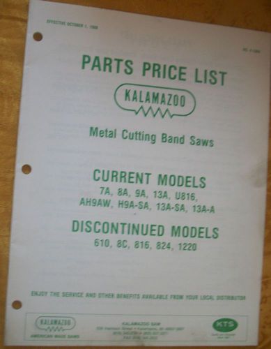 Kalamazoo Metal Cutting Band Saws Parts Price List Oct 1 1988