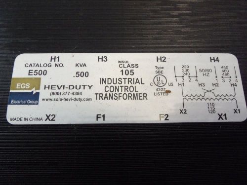Hevi-duty control transformer e 500  240/480 pri  110/120 sec for sale