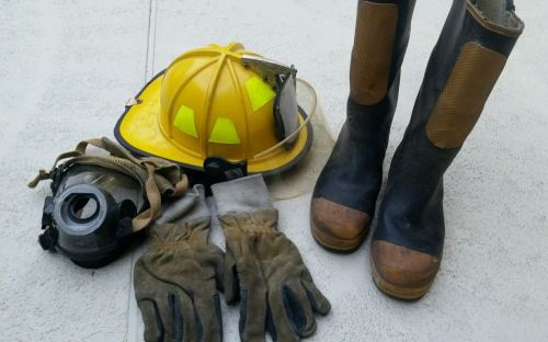 Firefighter gear, Boots , gloves, helmet and SCBA  mask