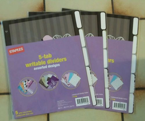 New Lot of 3, Staples 5-tab Writable Dividers, assorted designs, 8.5x11,