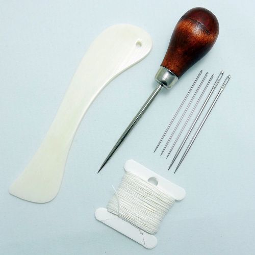 Bookbinding kit - curved bonefolder, awl, needles &amp; thread for sale