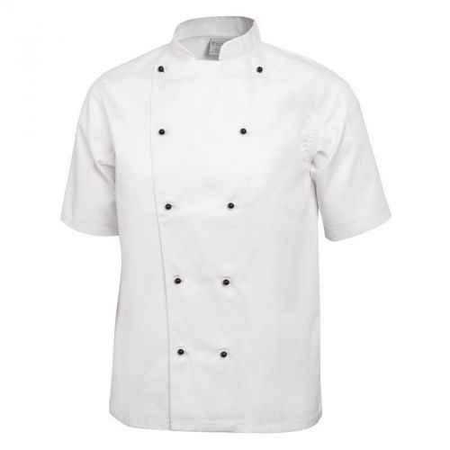 WHITE CHEFS JACKET CATERING UNIFORM HALF SLEEVES WITH BLACK POPPER BUTTONS INS03