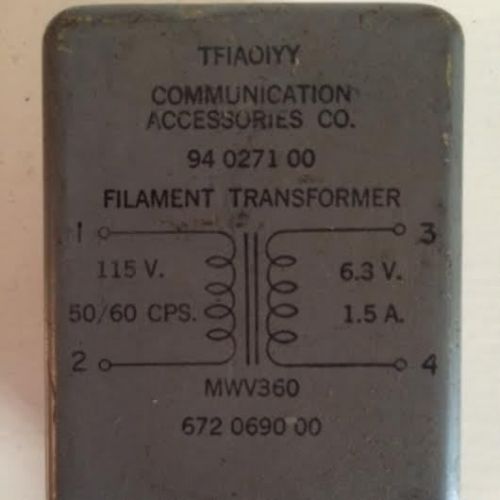 Vintage COMMUNICATION ACCESSORIES CO. Filament Transformer