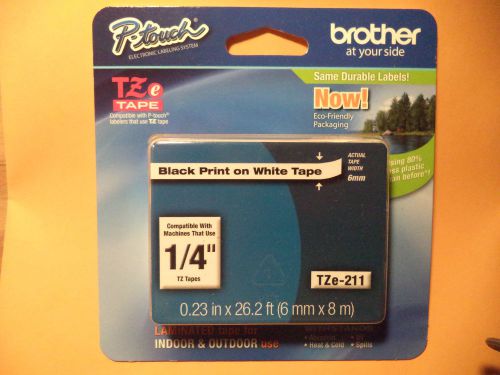 Brother P-Touch TZe-211 BLACK PRINT ON WHITE TAPE 1/4&#034;  012502625650 6mm x 8M