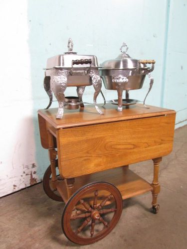 &#034;old fashioned wooden folding serving table cart&#034; w/2 complete fancy chaffers for sale
