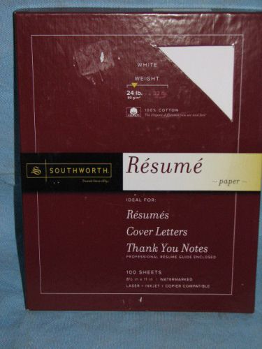 Southworth 100% cotton resume paper 24lb white 100 sheets letter size 8 1/2 x 11 for sale