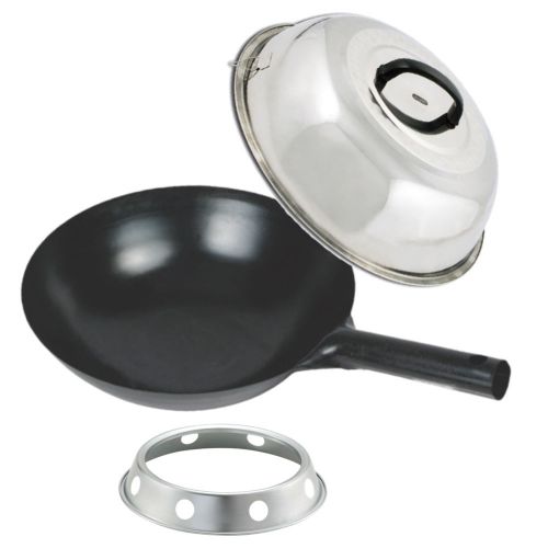 SET CHINESE BLACK CARBON STEEL WOK-36 16&#034;+RING STAND+COVER, ASIAN JAPANESE FOOD