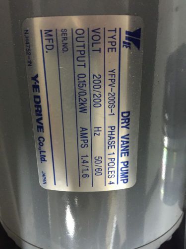 Dry vane vacuum pump - yfpv-200s-1 phase 1 poles 4 amps 1.4/1.6 new in original for sale