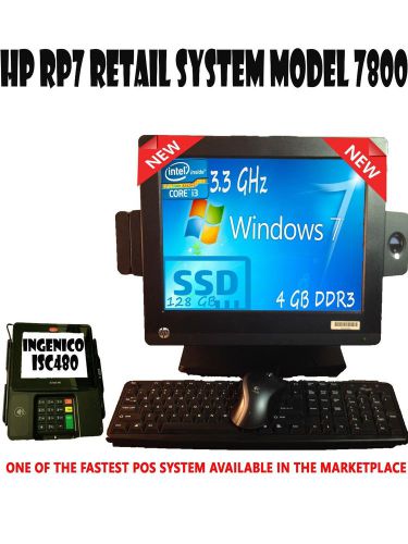 HP RP7 7800 15&#034; Intel i3 3.3GHz 4GB 128GB SSD EMV/NFC INGENICO ISC480 PinPad POS