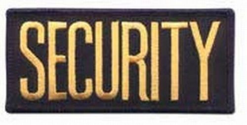 2 SMALL SECURITY PATCHES/ BADGE EMBLEM  4 1/4 inches x 2 inches GOLD / BLACK