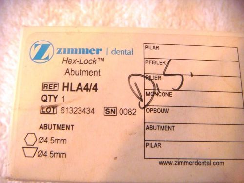 Implant system - hex-lock® abutment - zimmer® ref hla4/4 abutment, qty of 1 for sale