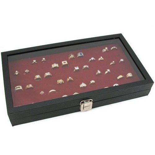 FindingKing Glass Top Jewelry Red 72 Ring Display Case Box Bonus
