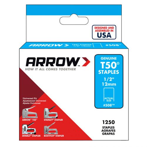 Arrow 508 Genuine T50 1/2&#034; 12mm #508 Staples, 1,250-Pack