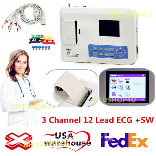 3-Channel 12 leads electrocardiograph ECG/EKG Machine, free Printer +PC software