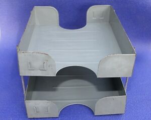 VINTAGE GRAY METAL 2-TIER DESKTOP IN-BOX OFFICE DESK ORGANIZER 