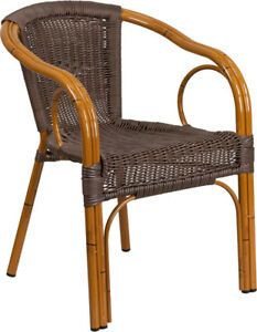 Cadiz Series Dark Brown Rattan Restaurant Patio Chair with Red Bamboo-Aluminu...