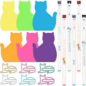 180 Sheets Cute Cat Sticky Notes, 60 Pieces Cat Paper Clips and 6 Pieces Cat Gel