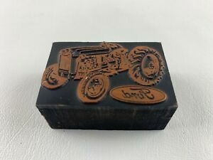 Vintage Wood &amp; Metal Print Block Ink Stamp Ford Tractor with Logo