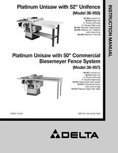Delta Platinum Unisaw 52 Inch Unifence System 36-955 Operator Instruction Manual