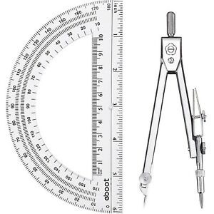 Student Geometry Math Set, Drawing Compass and 6 Inch Clear Swing Arm Protrac...