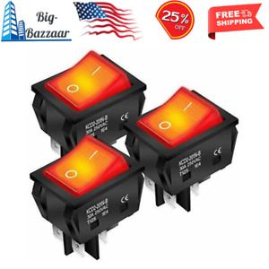 Daiertek 3Pcs 30A 250V Kcd2 Kcd4 Rocker Switch 4 Pin Dpst Red Lighted Toggle On-
