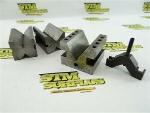 LOT OF 3 V BLOCKS + CLAMP 7/8&#034; TO 1-3/8&#034; V WIDTHS