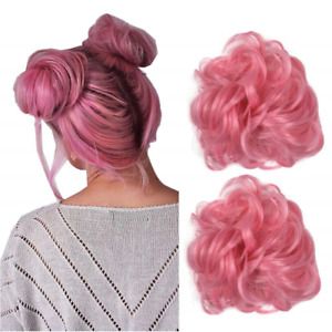 Pink Hair Bun Extensions Wavy Curly Messy Donut Chignons Hair Piece Wig 2311#