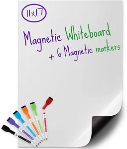 Magnetic Dry Erase Whiteboard Sheet 17&#034; X 11&#034; with a Set of 6 Markers USA Made