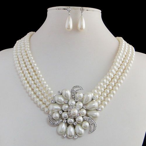 Bridal Flower Necklace Earring Austrian Rhinestone Crystal Pearl
