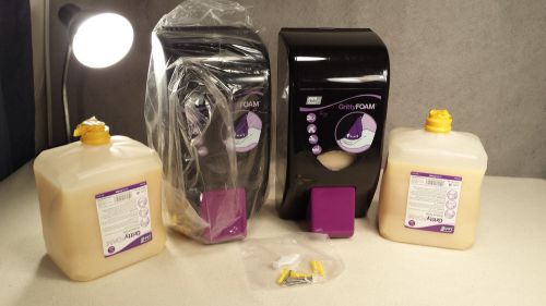 Two deb gritty foam dispensers (1 unused) and two unused 3.2l refills for sale