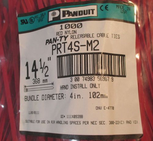Bag of 1000 Panduit Pan-Ty Releasable Cable Ties PRT4S-M2, 14.5&#034; Red Ties New