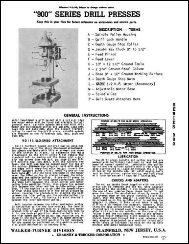 Walker-Turner 900 Series Drill Press Manual DP93