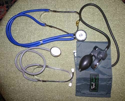 2 Stethoscopes and 1 Tycos Pressure Cuff, Adult, Used