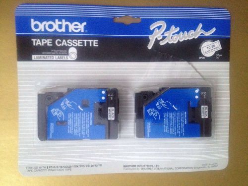 2 BROTHER P-TOUCH TC-20 CASSETTES. BLACK ON WHITE TAPE. 12mm 1/2&#034;. NEW. NIP