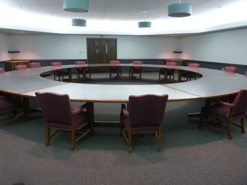 Corporate boardroom (8) tables plus (17) chairs, 25ft diameter, solid oak wood for sale