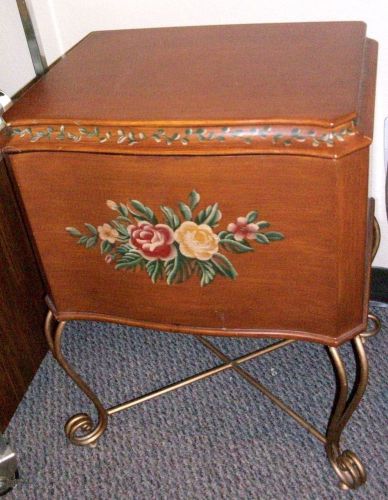Vintage Hand Painted Wood File Cabinet Box - Wrought Iron Stand