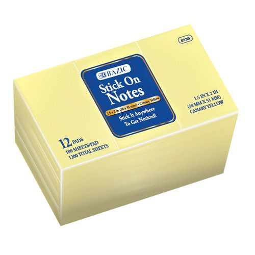 BAZIC 100 Ct. 1.5&#034; X 2&#034; Yellow Stick On Notes (12/Pack), Case of 24