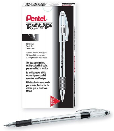 NEW Pentel R.S.V.P. Ballpoint Pen, 0.7mm Fine Tip, Black Ink, Box of 12 (BK90-A)