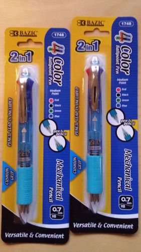 Bazic 4 Color Pen(Blue,Red,Black,Green)&amp;Pencil Combo (2 Units) (Clear Blue Body)