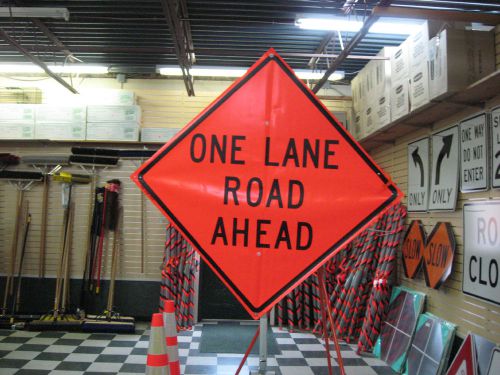 One Lane Road Ahead Fluorescent Vinyl With Ribs Road Sign 48&#034; X 48&#034;