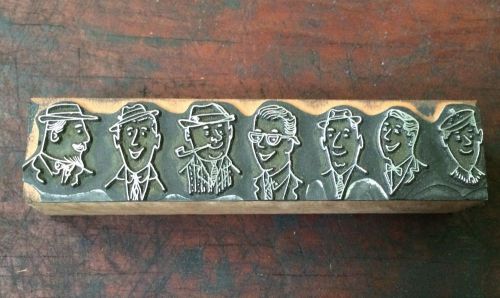 Letterpress Printer Blocks Wood Metal Type Cartoon Advertizing Faces Men Vintage