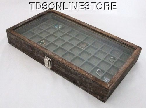 Rustic Antique Coffee Color 50 Slot Jewelry Glass Top Display Case Gray