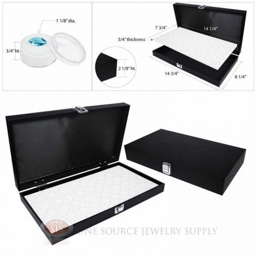 (2) black wooden solid top display cases w/ 2 white 50 gem jar gemstone inserts for sale