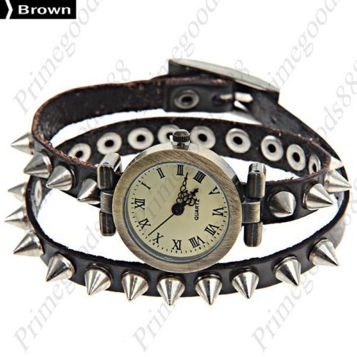 Metal Rivets PU Leather Quartz Wrist Lady Ladies Wristwatch Women&#039;s Brown