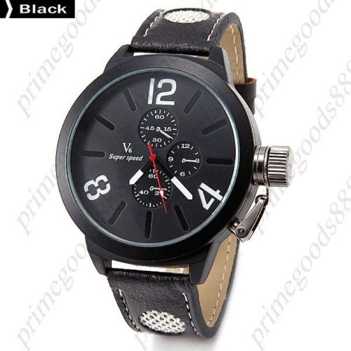 Wide PU Leather Round Quartz Big Analog 3 Sub Dial Wrist Men&#039;s Wristwatch Black