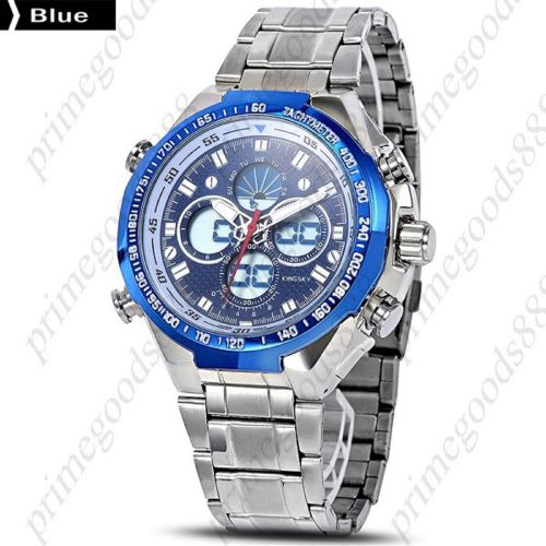 Stainless Steel Analog Digital Date LED Blue Face Wrist Wristwatch Men&#039;s Silver