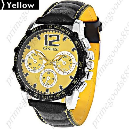 PU Leather Round Case Quartz Wrist Men&#039;s Free Shipping Wristwatch Yellow