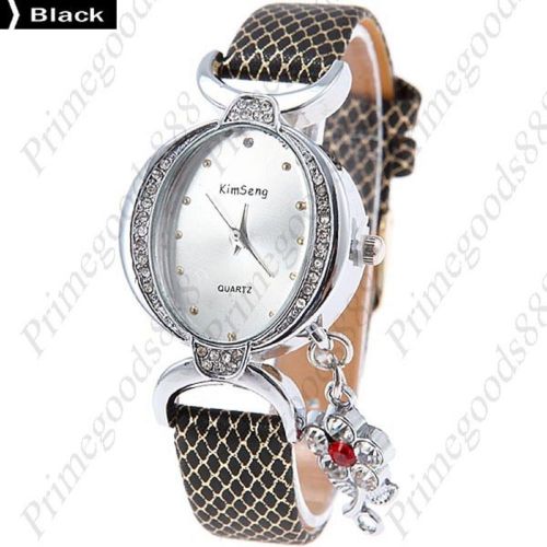 Round Rhinestones Charm PU Leather Lady Ladies Quartz Wristwatch Women&#039;s Black