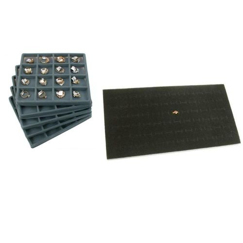 Gray 16 Slot Display Tray insert &amp; Black Ring Foam Jewelry Pad Kit 6 Pcs